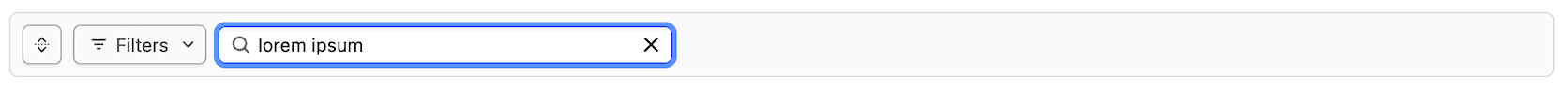 Filter bar with search input containing "lorem ipsum" value
