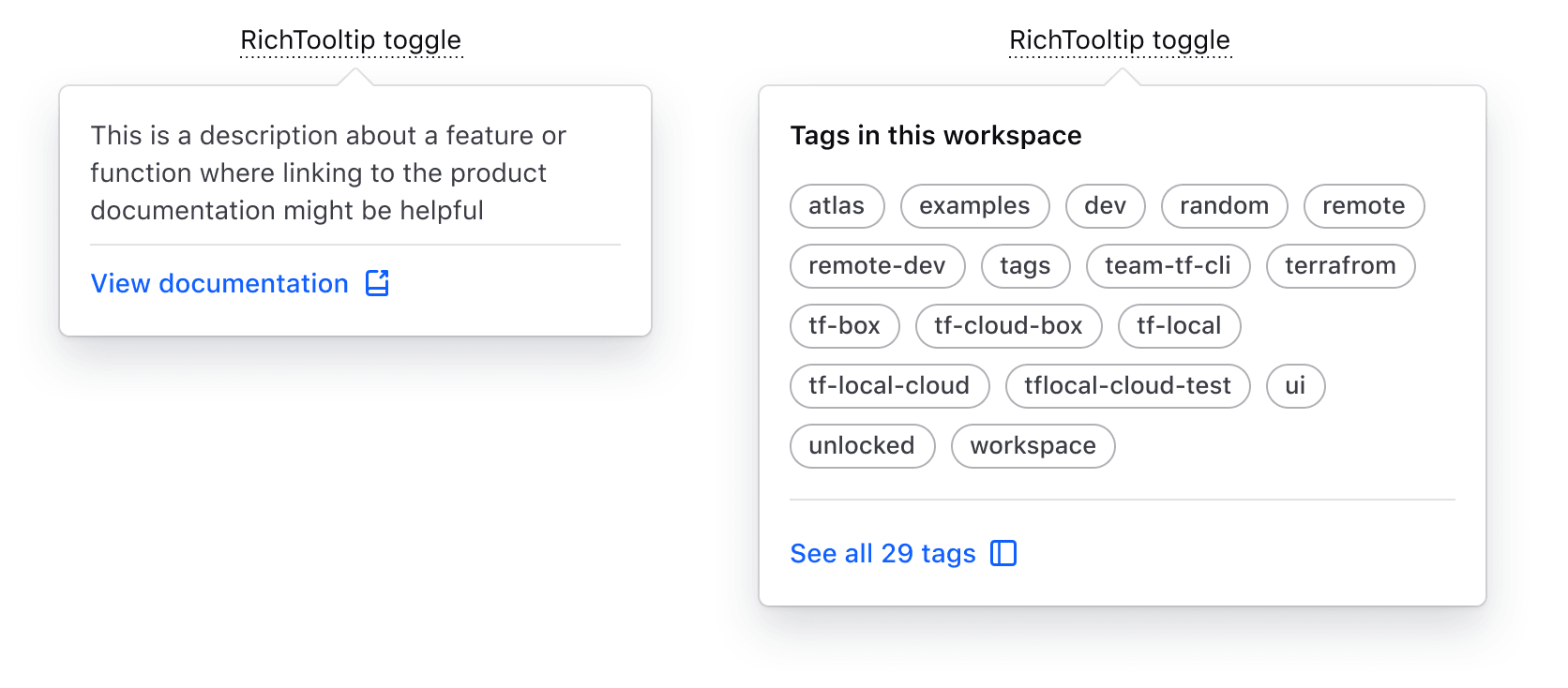 Rich tooltip with paragraph text and list of tags inside.